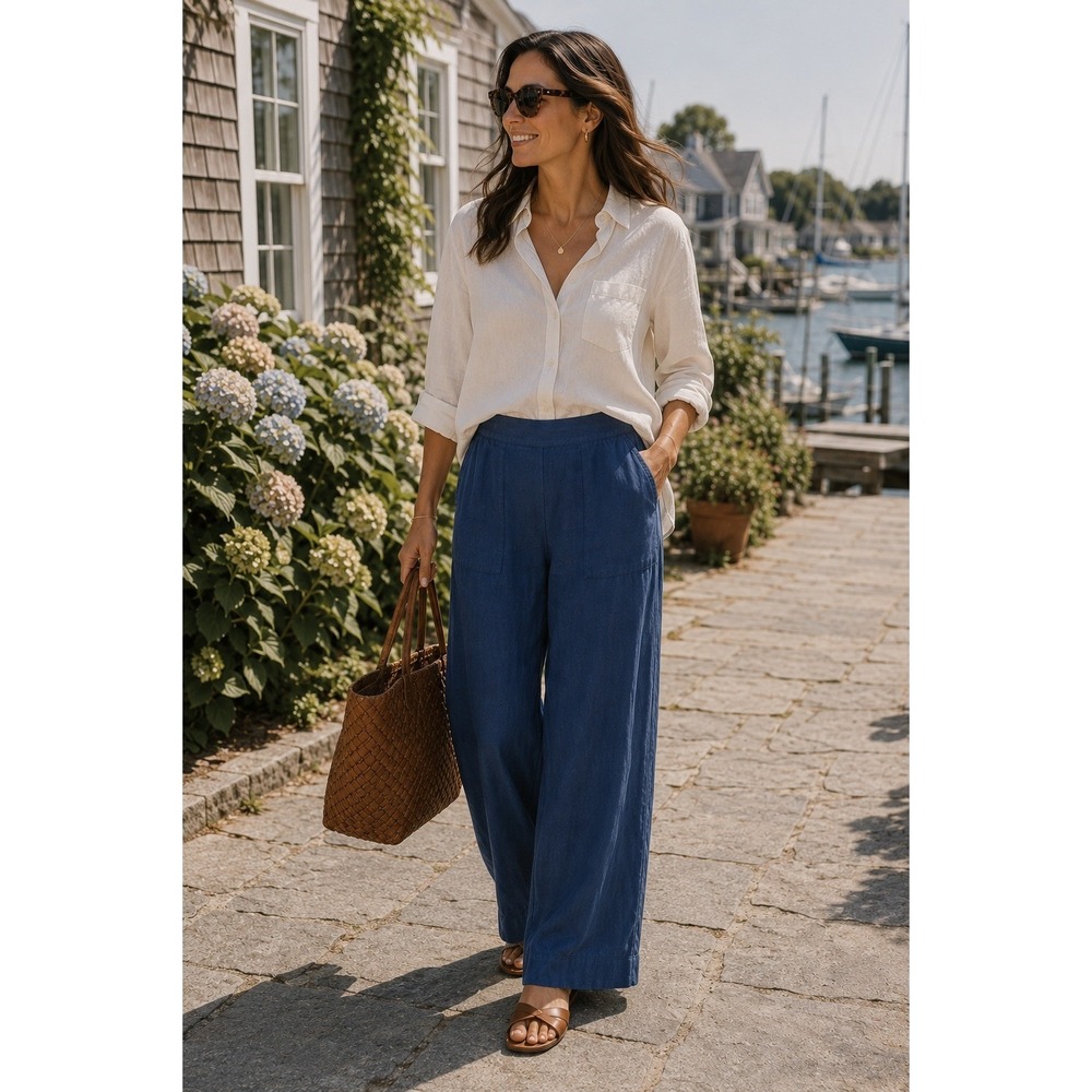 Frank & Eileen Madeline Linen Wide Leg Pants Navy Pull On Patch Pocket Large